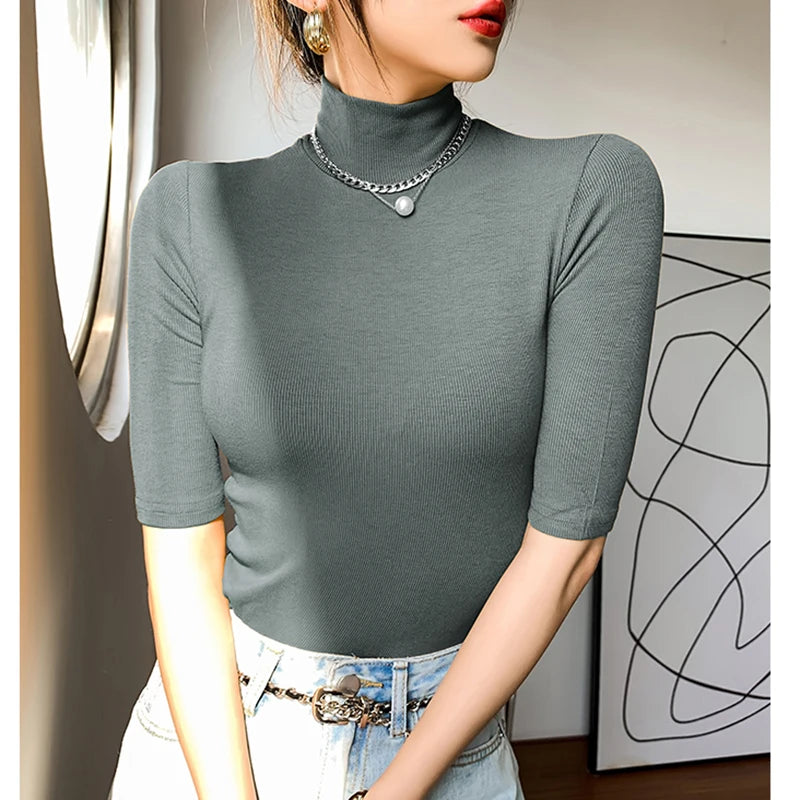 Spring Autumn Black Turtleneck Tops Short Sleeve Slim Tshirt Women Korean Style Basic Elasticity Tee Shirt Femme Mujer Camisetas