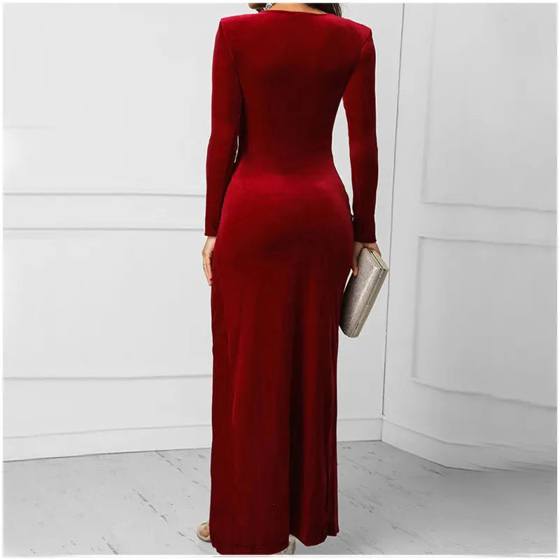 Autumn Burgundy Women Velvet Maxi Dresses Casual Long Sleeve High Elastic Bodycon Dress Vintage Sexy V-Neck Party Long Dresses