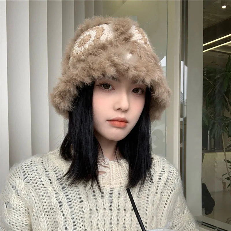 2021 Handmade hook flower 100% Natural Fur Hats Knitted Warm Genuine Mink Fur Cap Russian Women Luxury Panama Fur Hat wool kpop