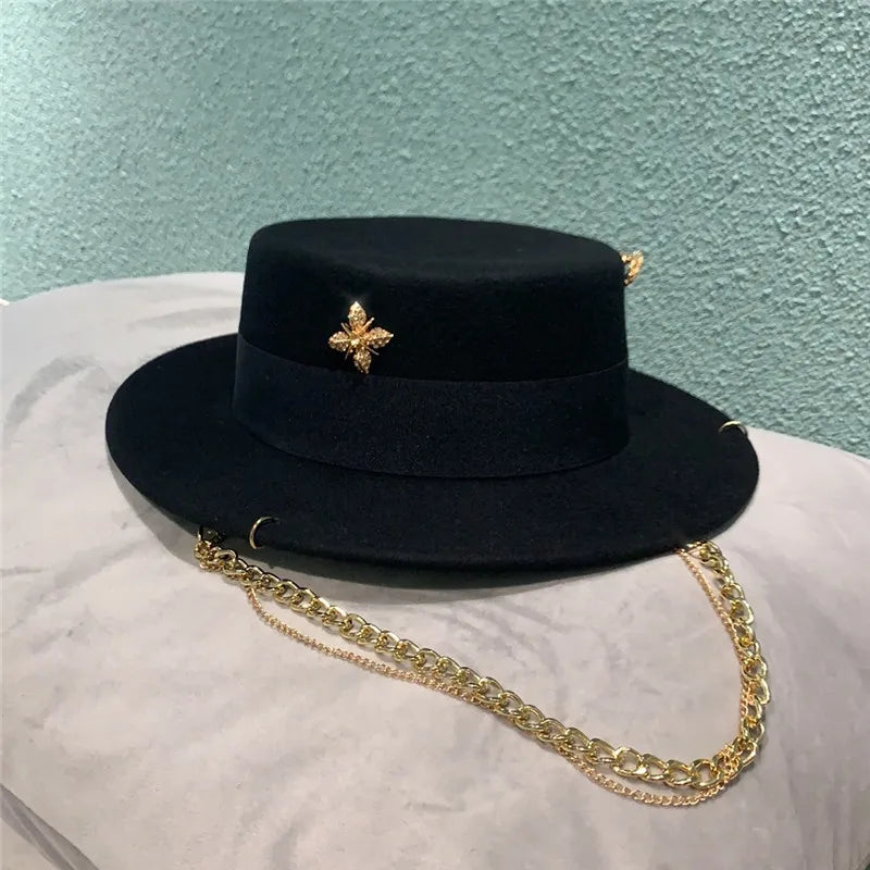 USPOP Brand Hats Winter Women Black  Wool Fedoras Fashion Pin-decorated Wool Hat with Metal Chain