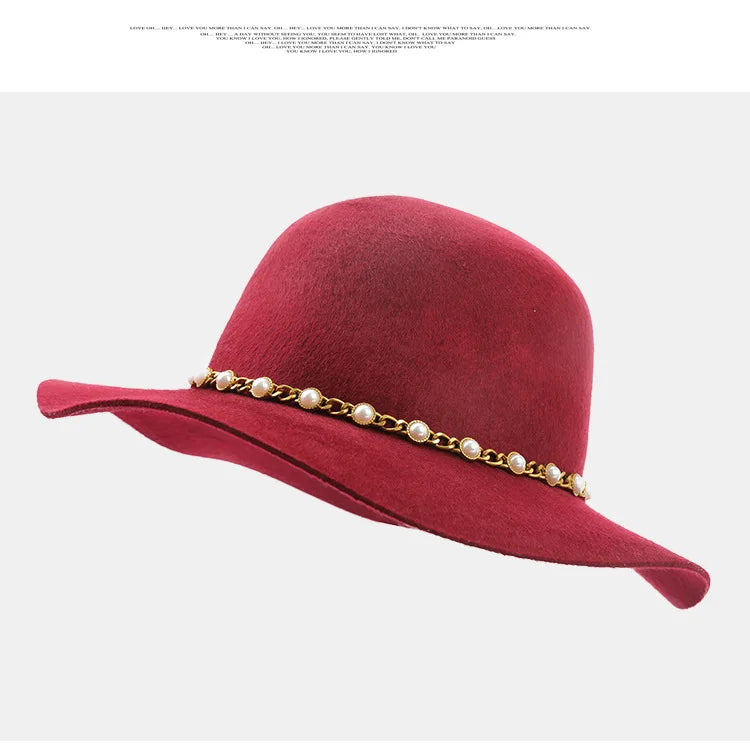 USPOP Autumn Winter Women Wool Fedoras Female Casual Pearl Chain Red Fedora Hat