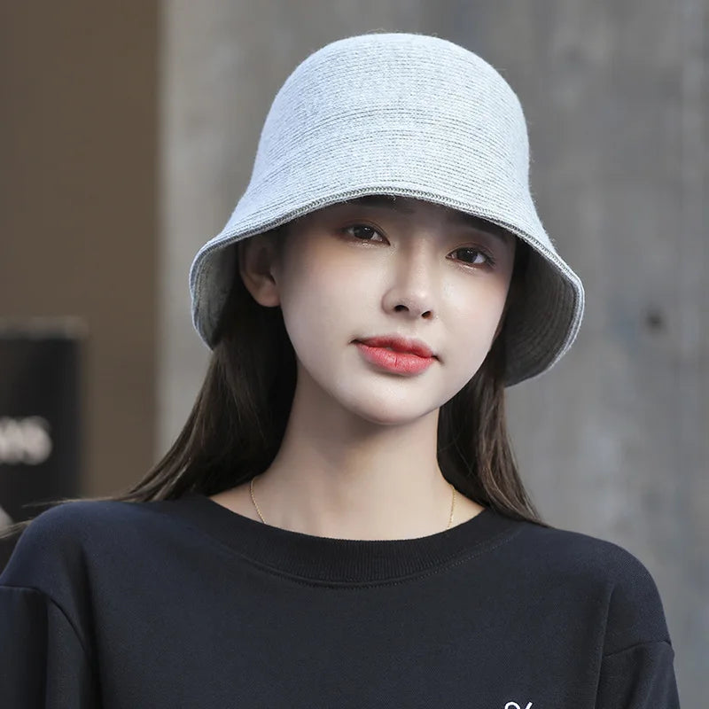 X093 New Fisherman's Hat for Women  Winter Warm Knitted Hat Covers Her Face Japanese Bucket Basin Hat Literary Brim Caps