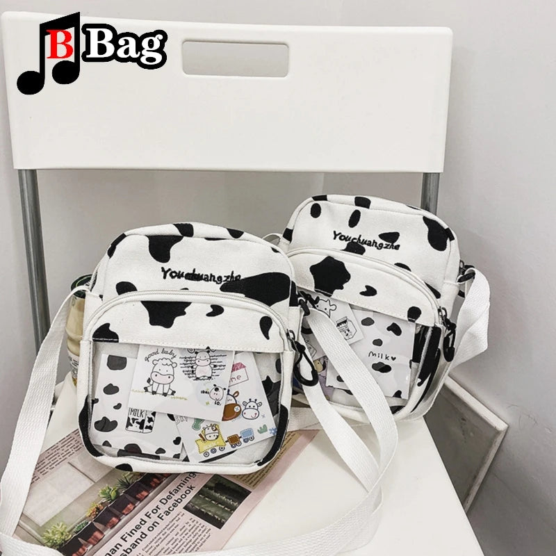 Women Girls Cartoon Cow Print Shoulder Crossbody Bag Cute cow card transparent canvas Satchel itabag
