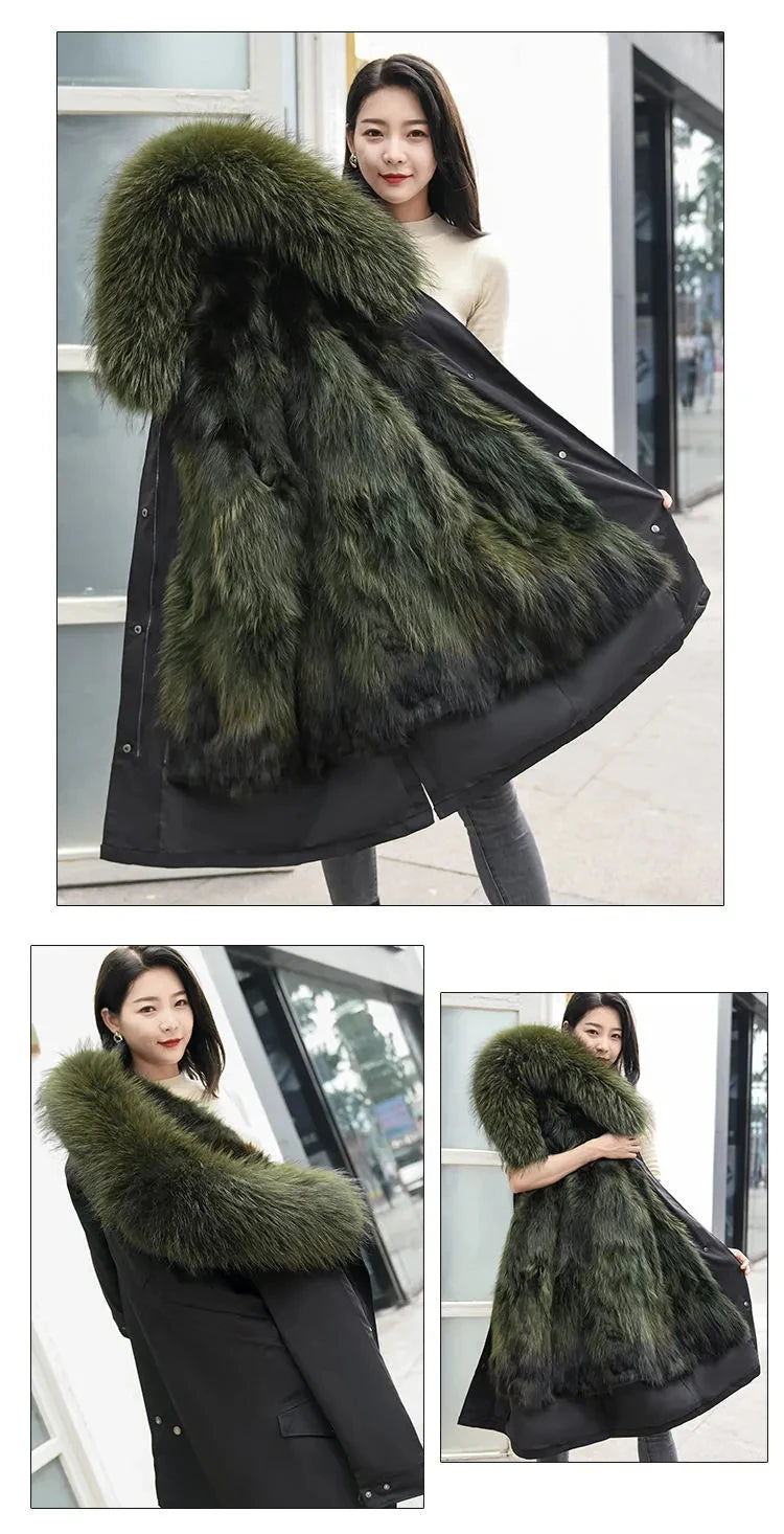 HANZANGL Women Fur Coat 2022 Winter New Real Raccoon Fox Fur Detachable Liner Long Parkas Women Clothing 12 Color  S-4XL