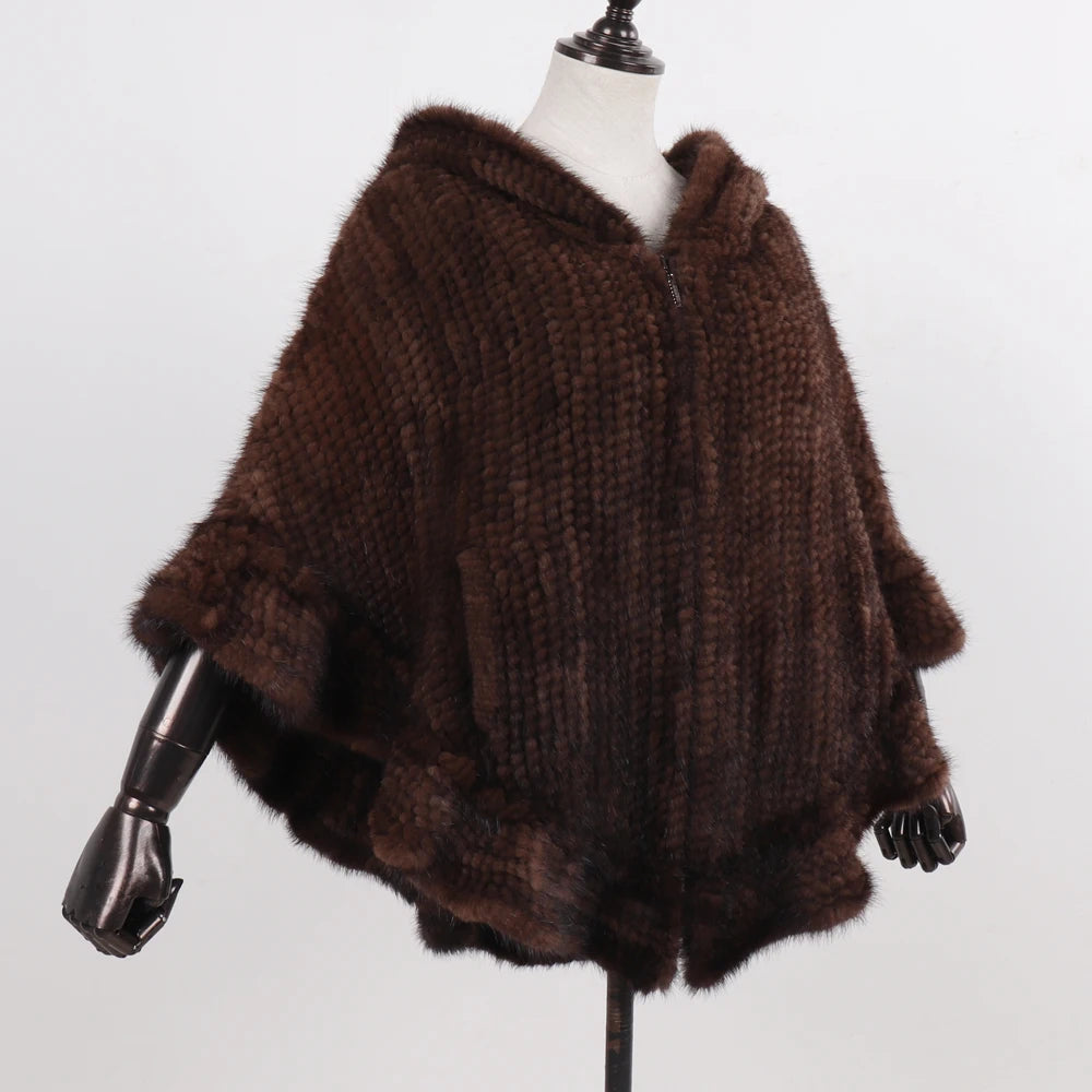 Hot Sale Women Natural Mink Fur Hooded Pashmina Coat 100% Genuine Mink Fur Shawl Lady Luxury Hand Knitted Real Mink Fur Poncho