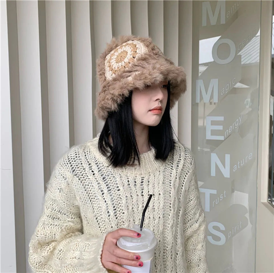 2021 Handmade hook flower 100% Natural Fur Hats Knitted Warm Genuine Mink Fur Cap Russian Women Luxury Panama Fur Hat wool kpop