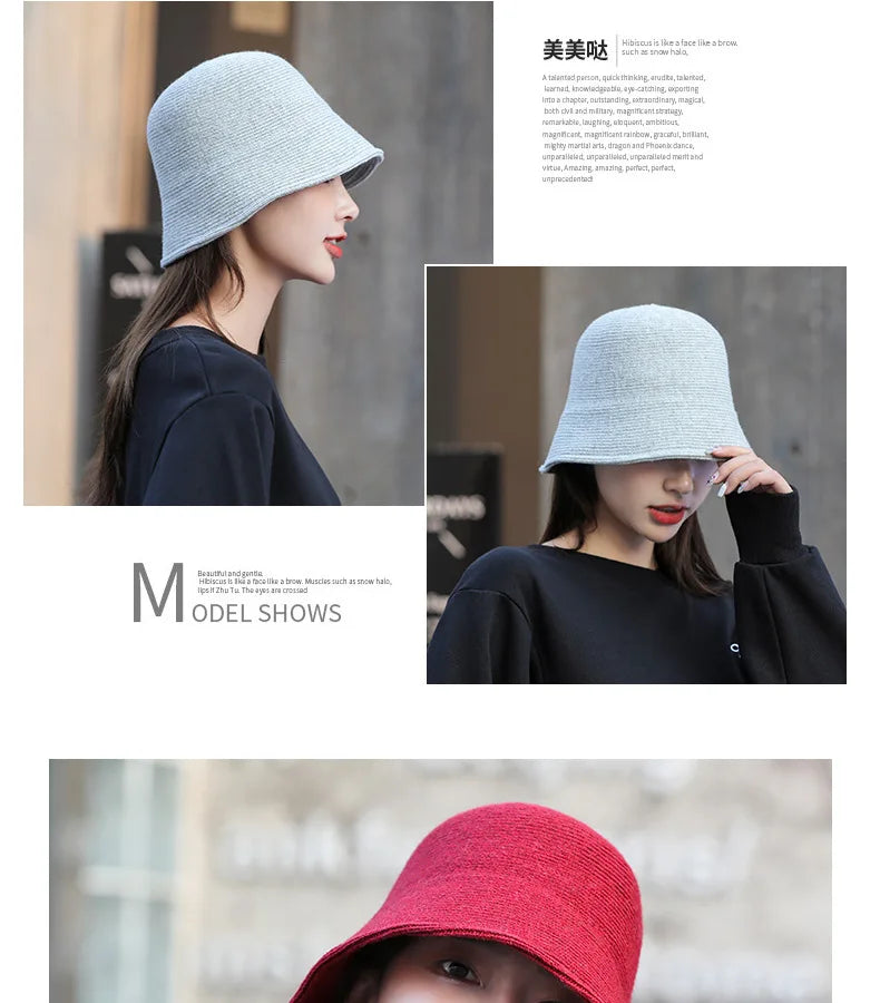 X093 New Fisherman's Hat for Women  Winter Warm Knitted Hat Covers Her Face Japanese Bucket Basin Hat Literary Brim Caps