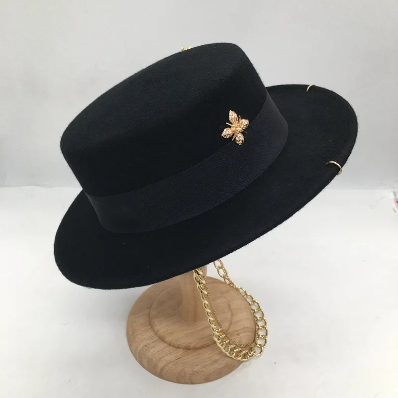 USPOP Brand Hats Winter Women Black  Wool Fedoras Fashion Pin-decorated Wool Hat with Metal Chain