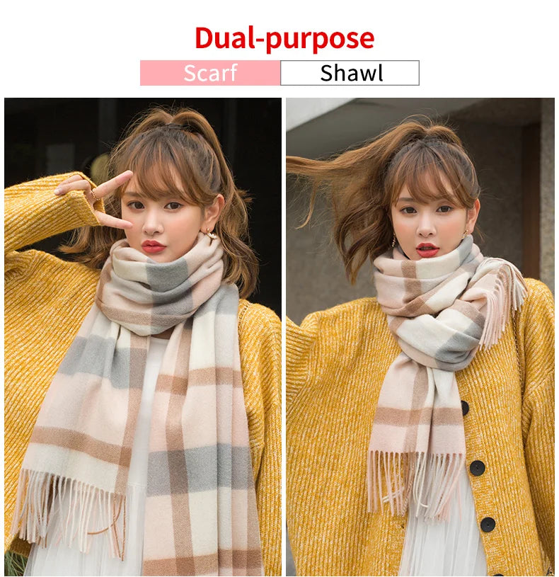 Winter 100% Wool Scarf Women Pink Plaid Shawls and Wraps Echarpe Warm Woolen Pashmina for Ladies Cashmere Scarves Foulard Femme