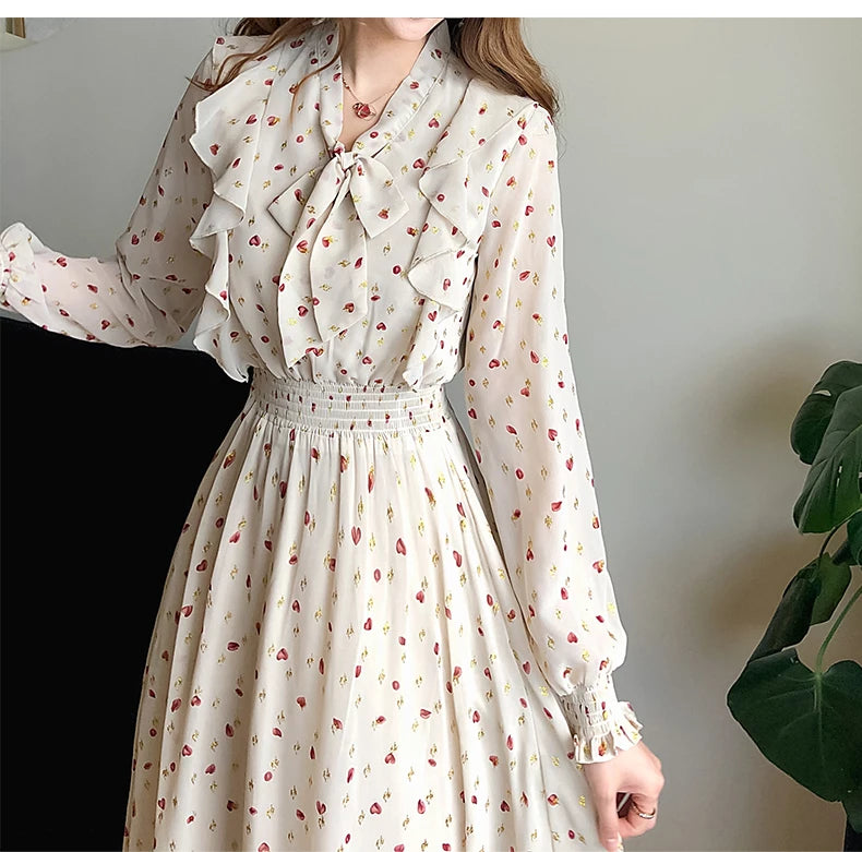 2021 Autumn Dress Women V Neck Bow Tie Chiffon Floral Dresses Elegant French Style Slim Waist Hearts Printed Long Sleeve Dresses