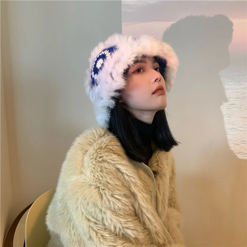 2021 Handmade hook flower 100% Natural Fur Hats Knitted Warm Genuine Mink Fur Cap Russian Women Luxury Panama Fur Hat wool kpop
