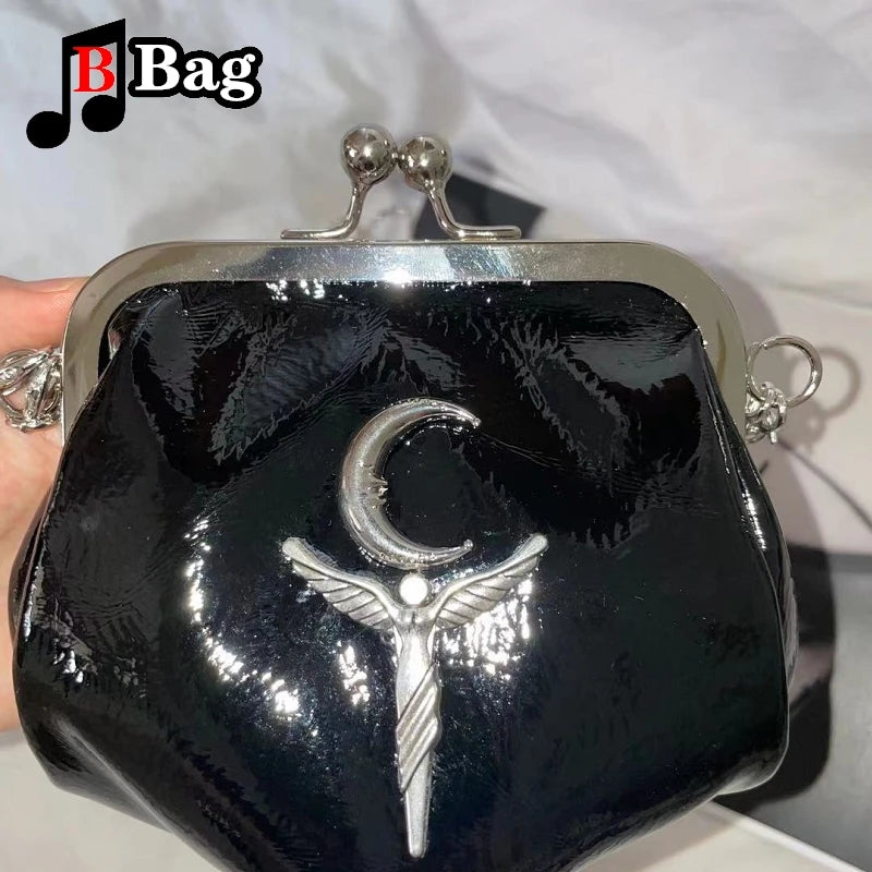 Harajuku Y2K Womens Mini Wallet Handbag Hot Girl Bright PU leather shoulder bag Lady Retro Bead chain Clip bag Tote