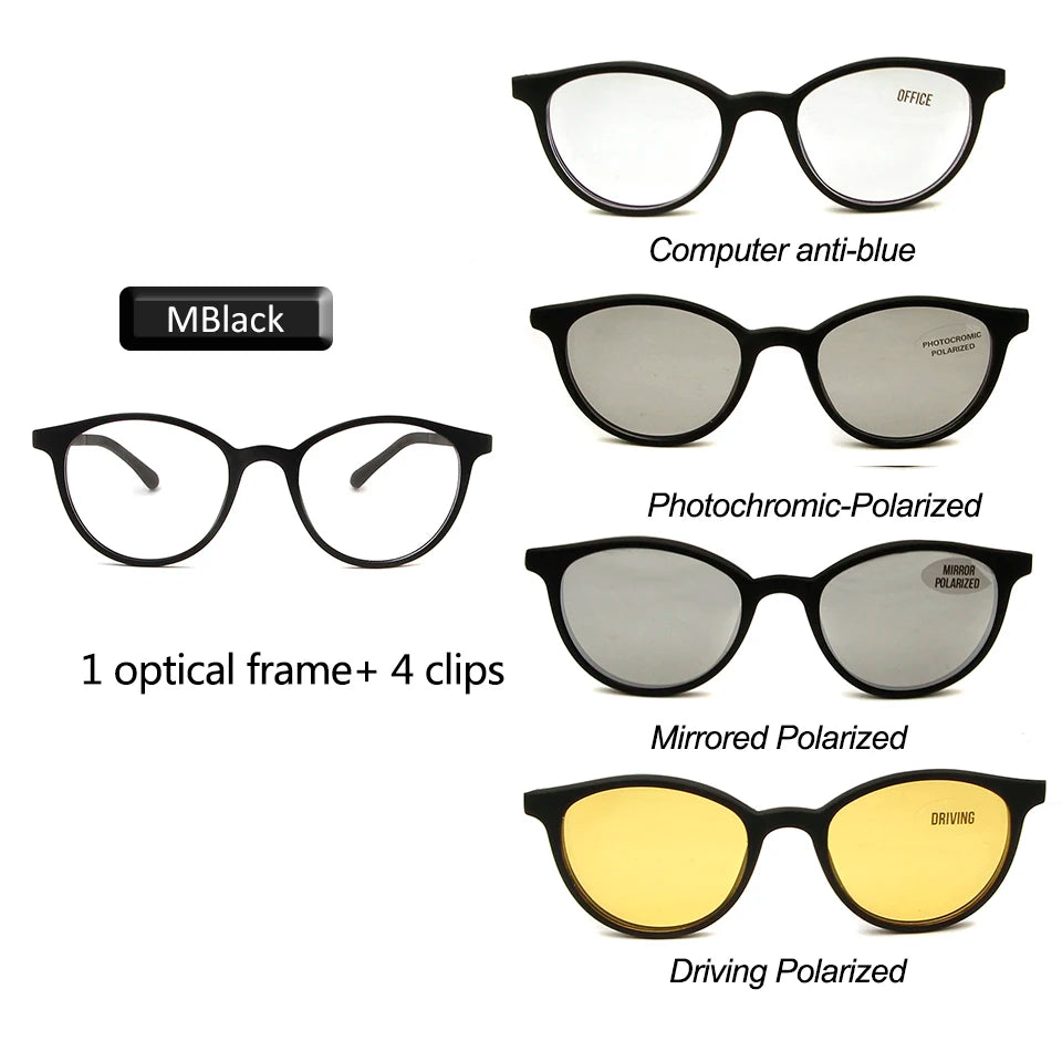 4 clips Brand Magnet Polarized Clip On Sunglasses Round Women Ultem Computer Glasses Men Anti  Blue Light Glasses Prescription