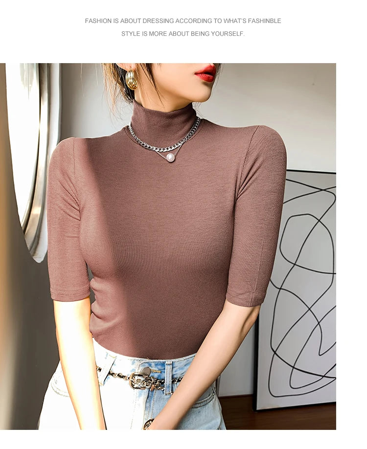 Spring Autumn Black Turtleneck Tops Short Sleeve Slim Tshirt Women Korean Style Basic Elasticity Tee Shirt Femme Mujer Camisetas