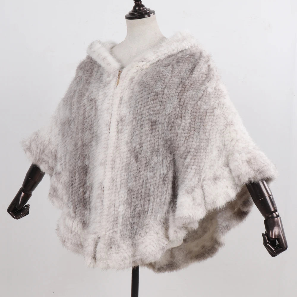 Hot Sale Women Natural Mink Fur Hooded Pashmina Coat 100% Genuine Mink Fur Shawl Lady Luxury Hand Knitted Real Mink Fur Poncho