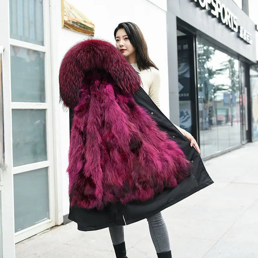 HANZANGL Women Fur Coat 2022 Winter New Real Raccoon Fox Fur Detachable Liner Long Parkas Women Clothing 12 Color  S-4XL