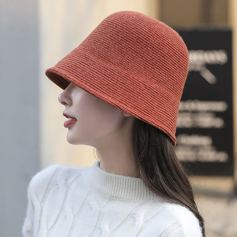 X093 New Fisherman's Hat for Women  Winter Warm Knitted Hat Covers Her Face Japanese Bucket Basin Hat Literary Brim Caps