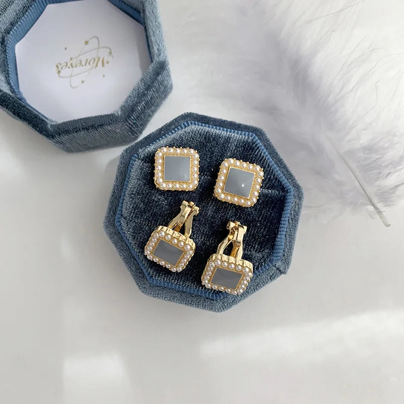 Trendy Small Blue Square Clip on Earrings No Piercing Vintage Gentle Baroque Pearl Ear Clip Earrings Without Ear Hole for Women