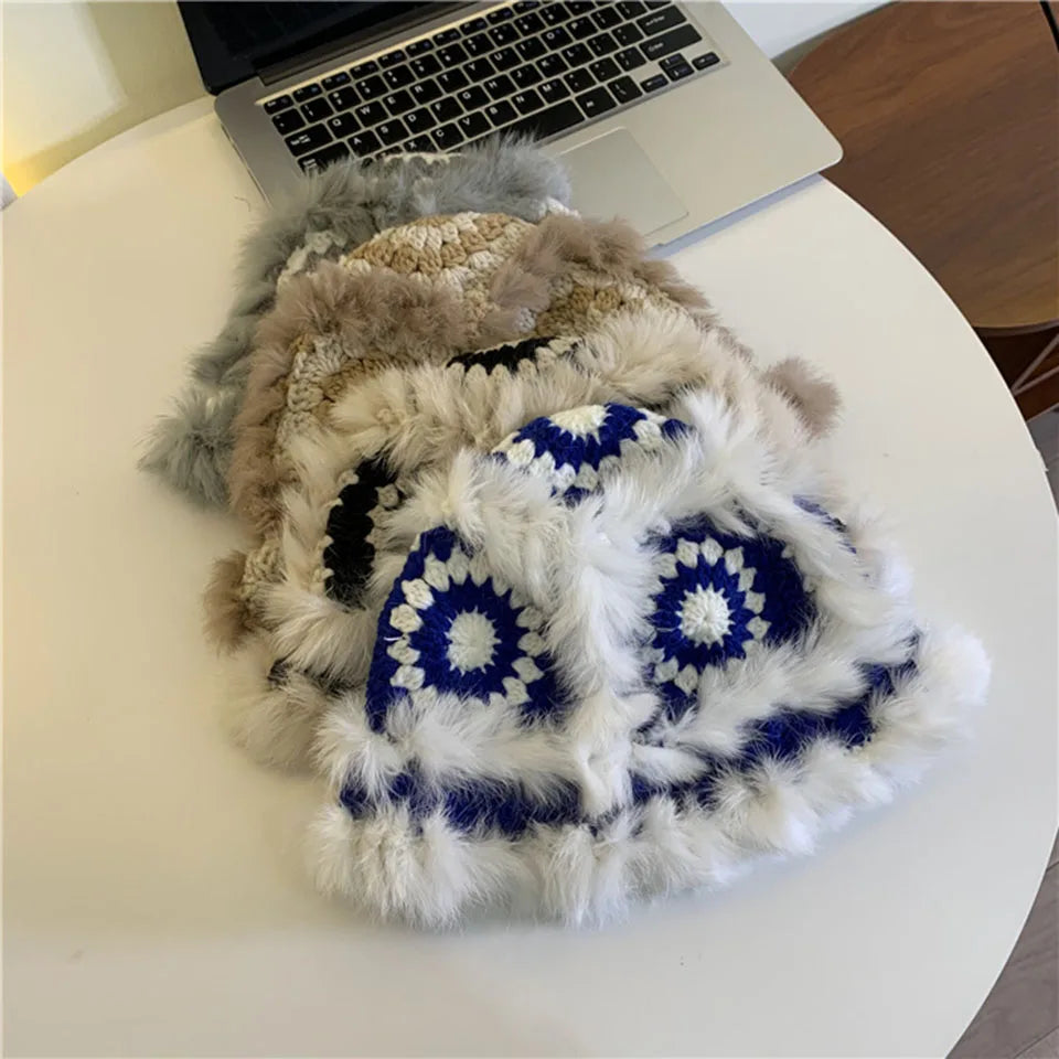 2021 Handmade hook flower 100% Natural Fur Hats Knitted Warm Genuine Mink Fur Cap Russian Women Luxury Panama Fur Hat wool kpop