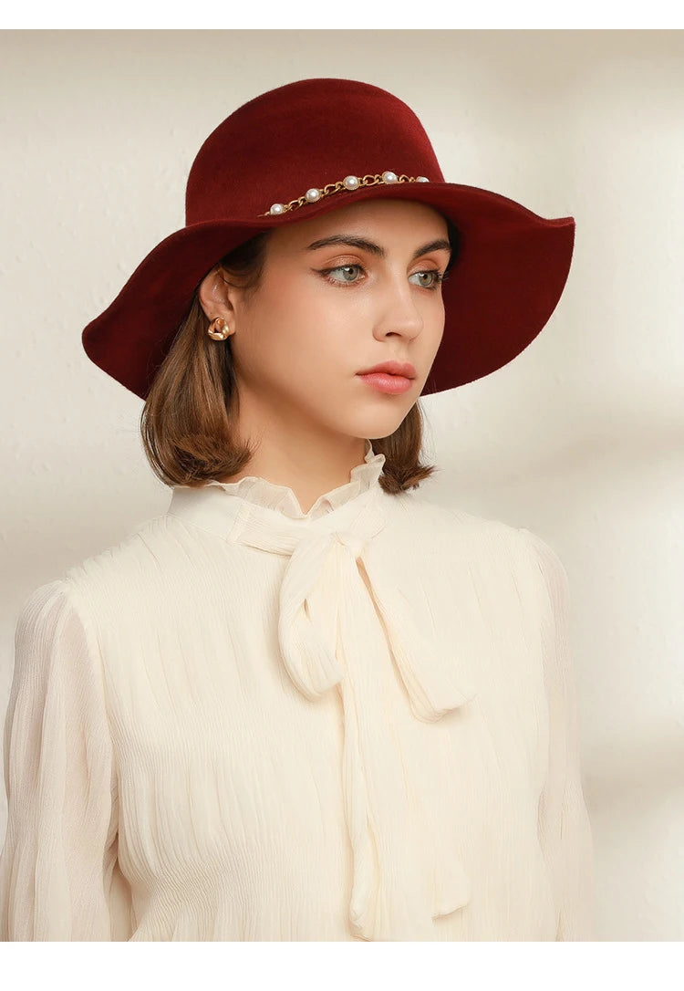 USPOP Autumn Winter Women Wool Fedoras Female Casual Pearl Chain Red Fedora Hat