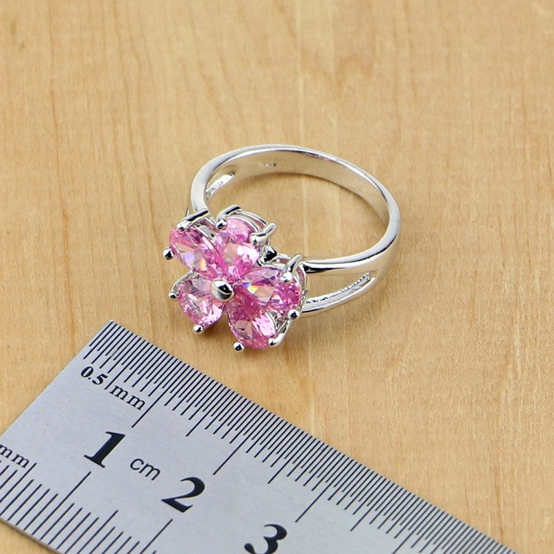 Elegant 925 Sterling Silver Jewelry Sets Pink Zircon With Pearl Beads For Women Wedding Earrings/Pendant/Rings/Bracelet/Necklace