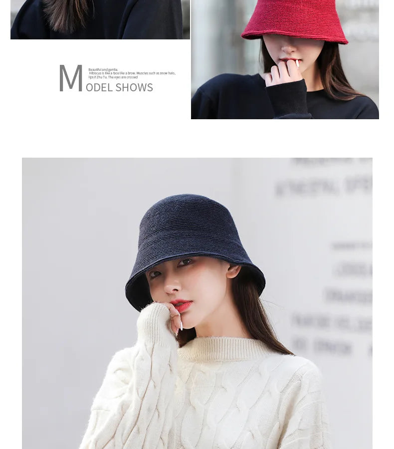 X093 New Fisherman's Hat for Women  Winter Warm Knitted Hat Covers Her Face Japanese Bucket Basin Hat Literary Brim Caps