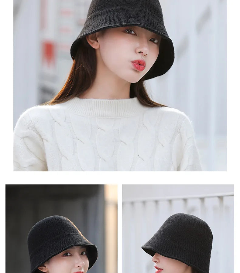 X093 New Fisherman's Hat for Women  Winter Warm Knitted Hat Covers Her Face Japanese Bucket Basin Hat Literary Brim Caps
