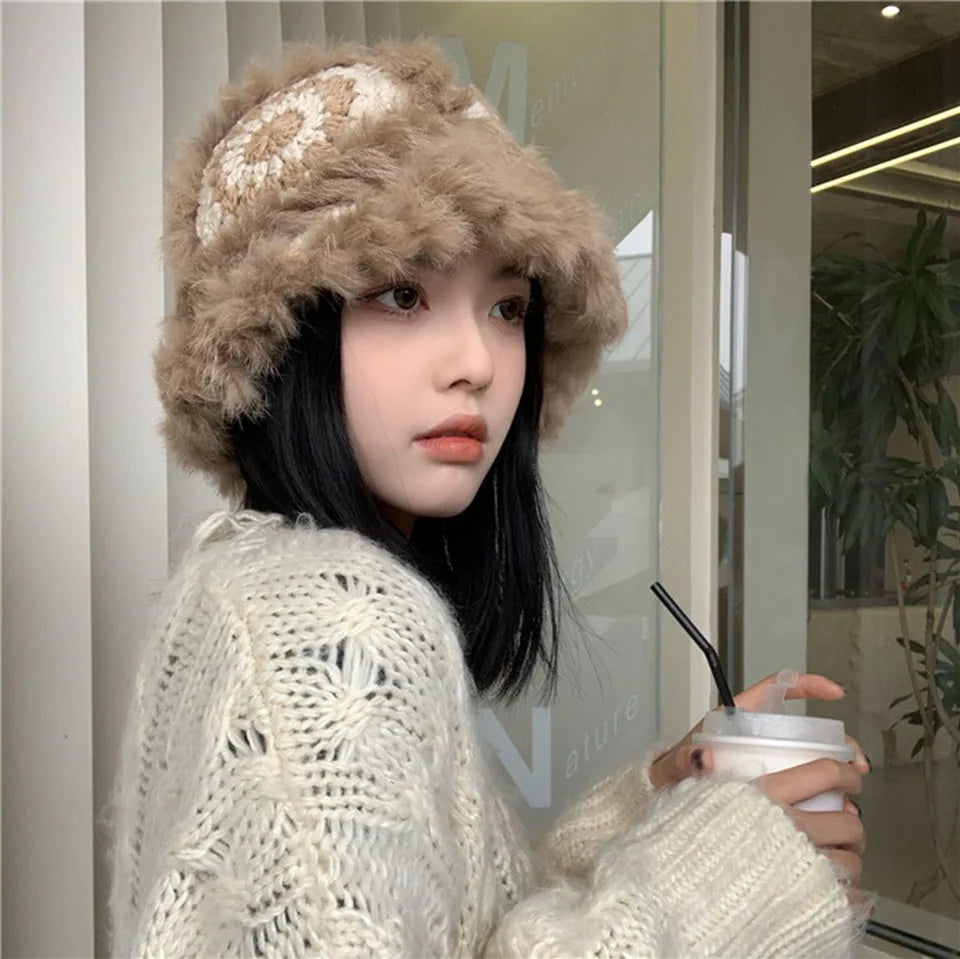 2021 Handmade hook flower 100% Natural Fur Hats Knitted Warm Genuine Mink Fur Cap Russian Women Luxury Panama Fur Hat wool kpop