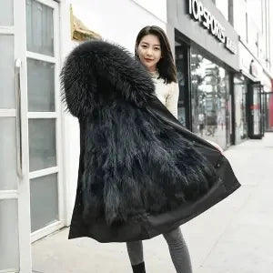 HANZANGL Women Fur Coat 2022 Winter New Real Raccoon Fox Fur Detachable Liner Long Parkas Women Clothing 12 Color  S-4XL