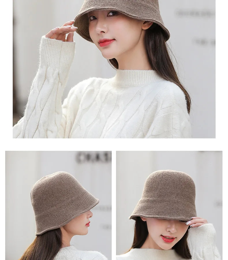 X093 New Fisherman's Hat for Women  Winter Warm Knitted Hat Covers Her Face Japanese Bucket Basin Hat Literary Brim Caps