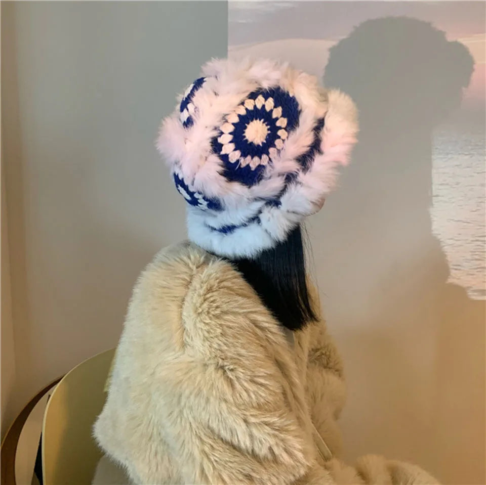 2021 Handmade hook flower 100% Natural Fur Hats Knitted Warm Genuine Mink Fur Cap Russian Women Luxury Panama Fur Hat wool kpop