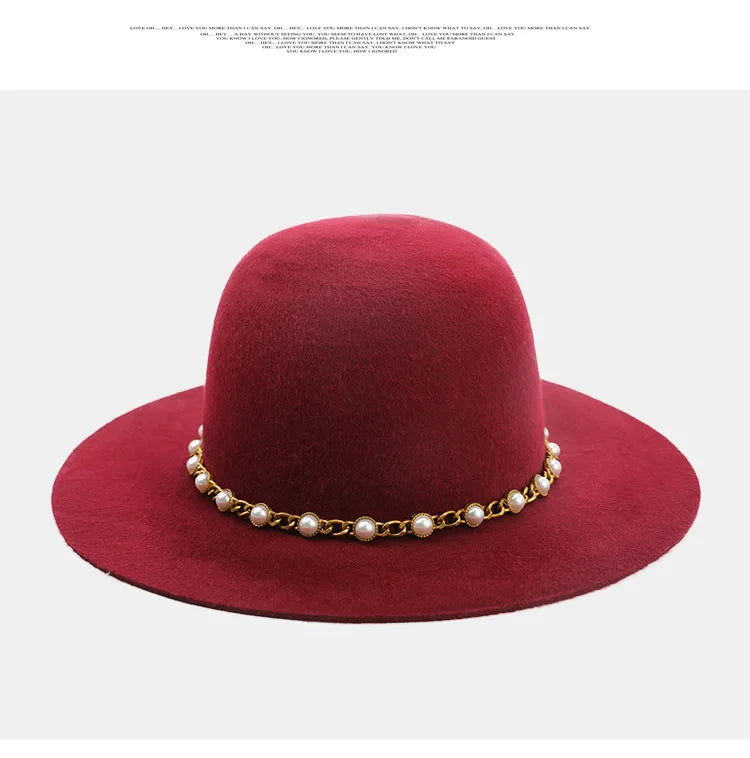 USPOP Autumn Winter Women Wool Fedoras Female Casual Pearl Chain Red Fedora Hat