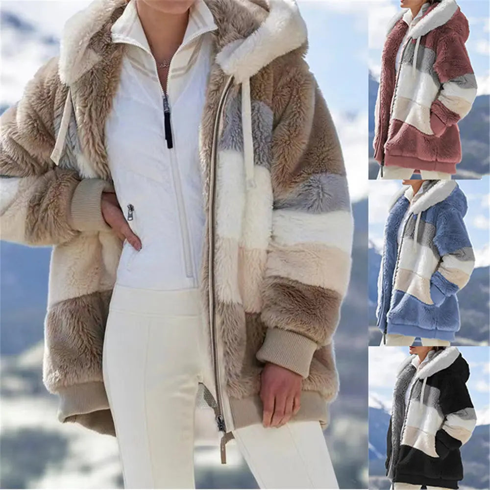 Women Winter Oversized Sherpa Sweater Plus Size 5XL Fleece Zipper Cardigan Hooded Coat Faux Fur Teddy Jacket