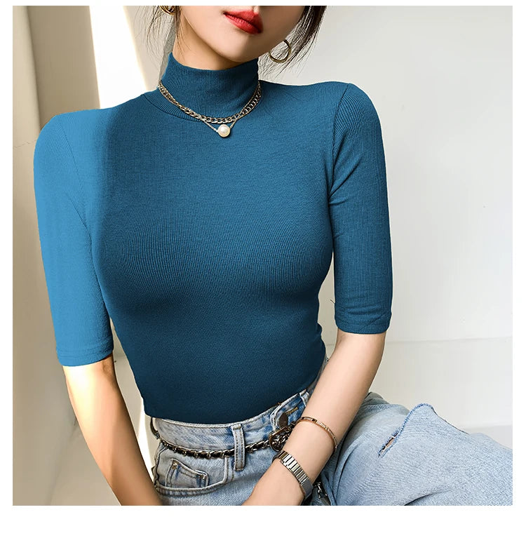 Spring Autumn Black Turtleneck Tops Short Sleeve Slim Tshirt Women Korean Style Basic Elasticity Tee Shirt Femme Mujer Camisetas