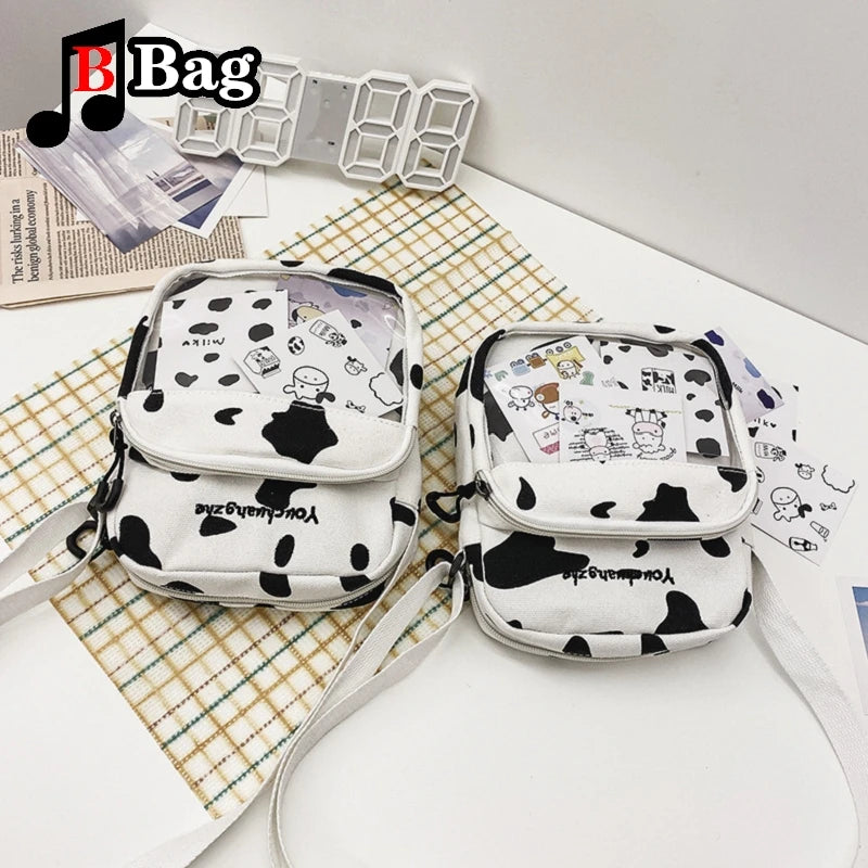 Women Girls Cartoon Cow Print Shoulder Crossbody Bag Cute cow card transparent canvas Satchel itabag