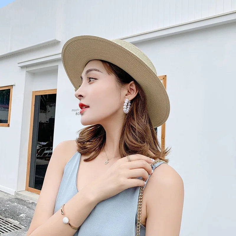 NEW Letter M Straw Hat Lady Black British Style Cap Beach White Women Flat Top  Female Wide Brim Outdoor Sunhat