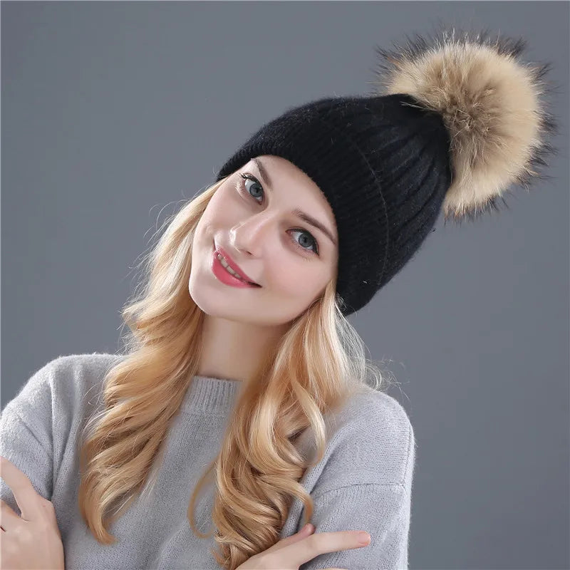 Xthree Winter Knitted Hat Cashmere Beanies  With Real Raccoon Fur Pom Poms Skullies Hat for Women Girls Hat Feminino
