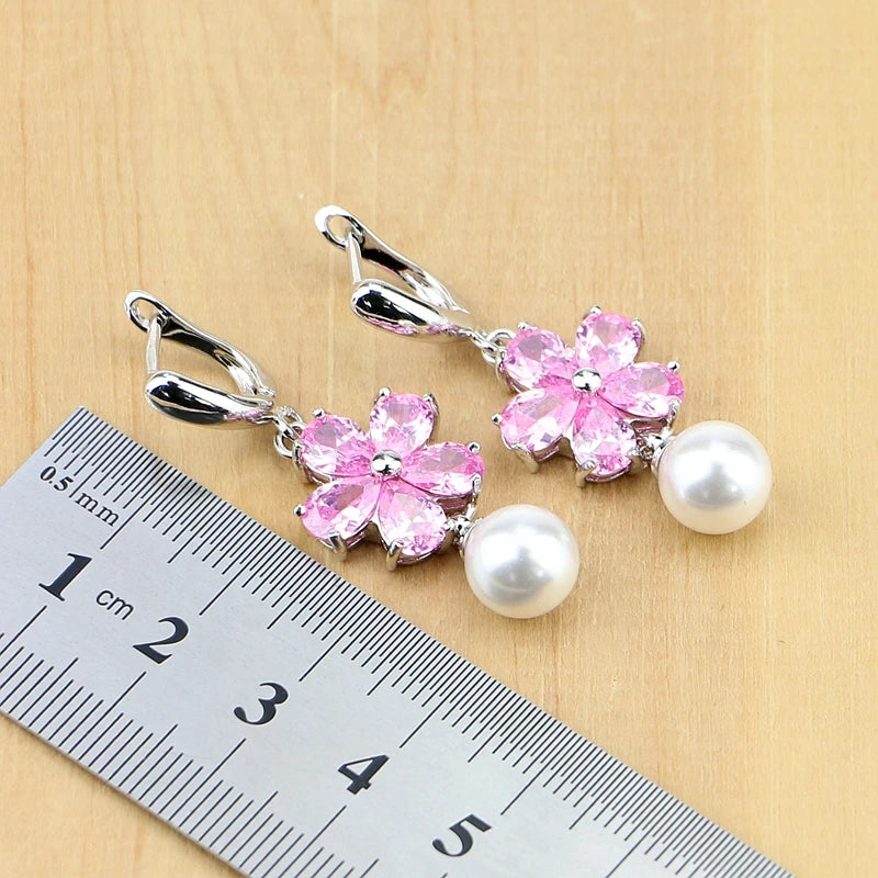 Elegant 925 Sterling Silver Jewelry Sets Pink Zircon With Pearl Beads For Women Wedding Earrings/Pendant/Rings/Bracelet/Necklace