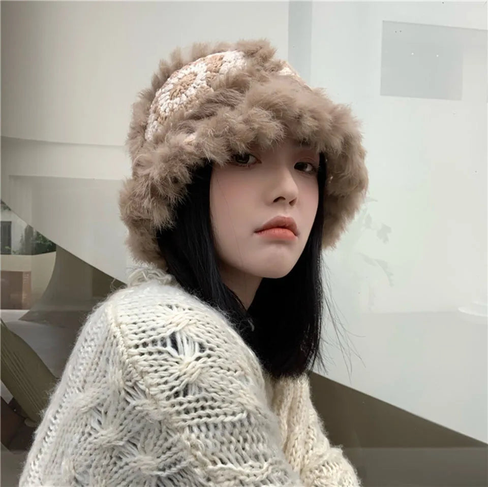 2021 Handmade hook flower 100% Natural Fur Hats Knitted Warm Genuine Mink Fur Cap Russian Women Luxury Panama Fur Hat wool kpop
