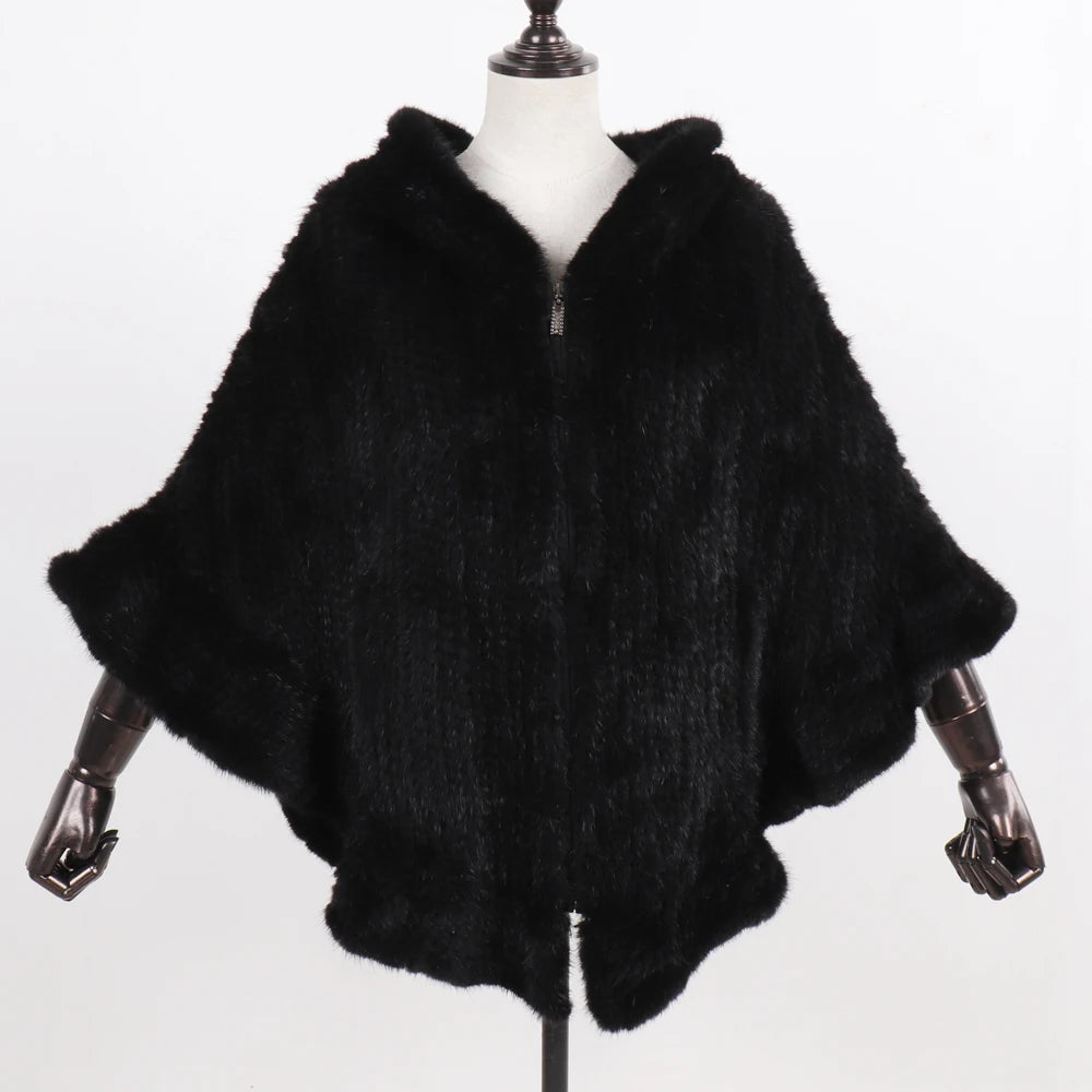 Hot Sale Women Natural Mink Fur Hooded Pashmina Coat 100% Genuine Mink Fur Shawl Lady Luxury Hand Knitted Real Mink Fur Poncho
