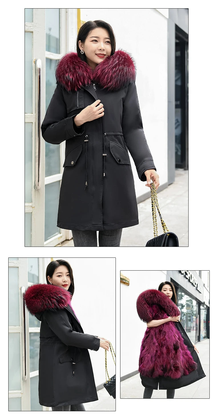 HANZANGL Women Fur Coat 2022 Winter New Real Raccoon Fox Fur Detachable Liner Long Parkas Women Clothing 12 Color  S-4XL