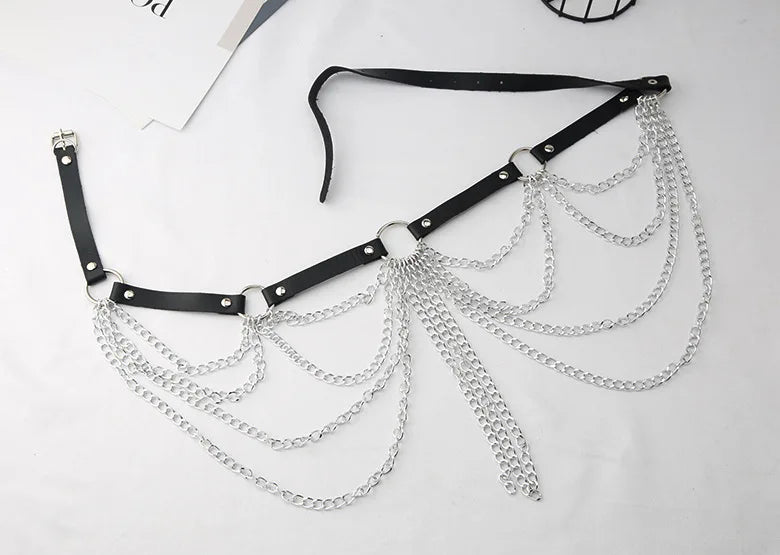 Harajuku American Street Dance Personality Punk Waist Chain Gothic Multilayer Metal Chain Tassel Sexy Body Chains Jewelry Belt