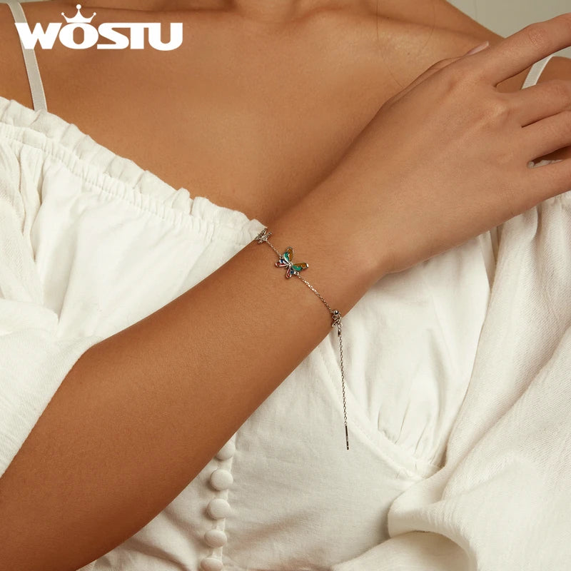 WOSTU 925 Original Sterling Silver Bracelet Brilliant Butterfly Fashion Chain Bracelet For Women Wedding Fine Jewelry Lucky Gift