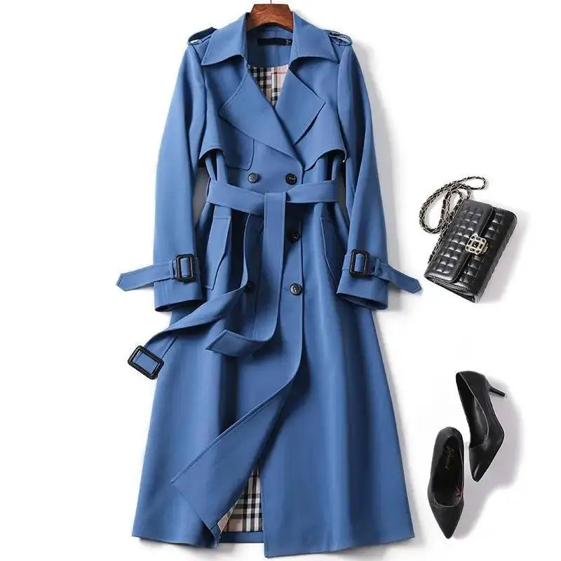 2021 Women Trench Elegant Coat With Belt Autumn Winter Double Breasted Solid Cloak Korean Style Windbreaker Womens Middle Long