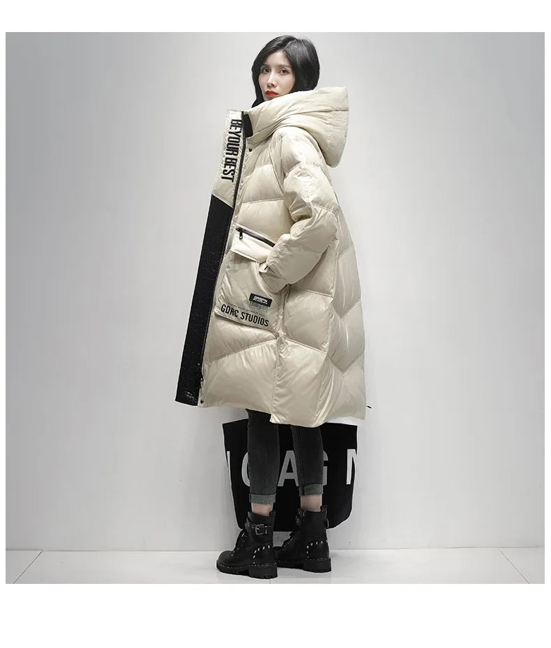 Winter Black Long 90% White Duck down Jacket Women Streetwear 2024 New Fashion Loose Letter Windproof Parkas Hooded Down Coats