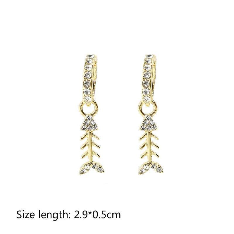 Punk Girl Earrings 2021 Fashion New Earrings Wild Net Red Shiny Crystal Fish Bone Earrings Cute Women's Clothing Sale Pendientes