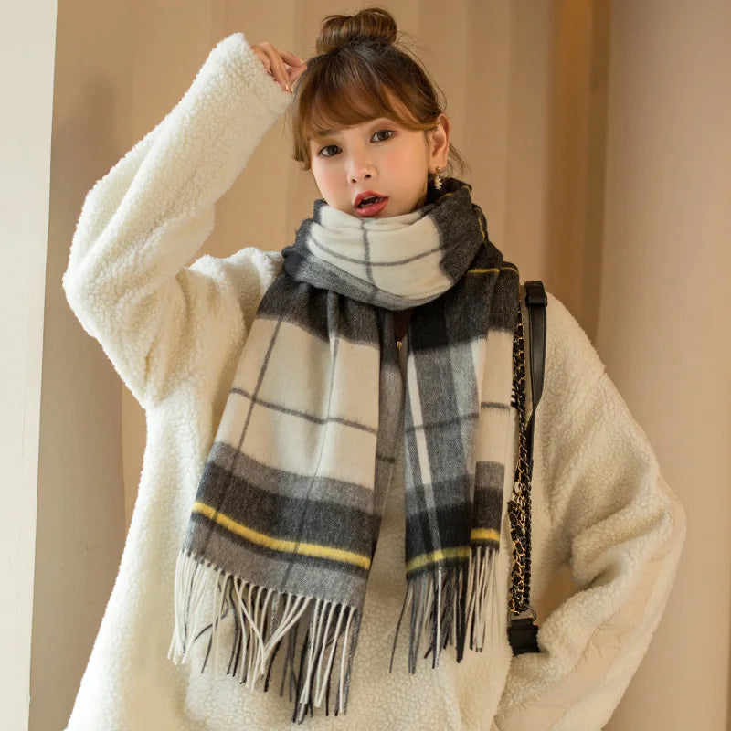 Winter 100% Wool Scarf Women Pink Plaid Shawls and Wraps Echarpe Warm Woolen Pashmina for Ladies Cashmere Scarves Foulard Femme