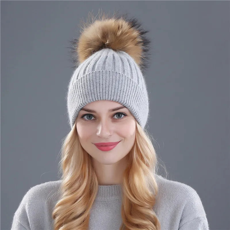 Xthree Winter Knitted Hat Cashmere Beanies  With Real Raccoon Fur Pom Poms Skullies Hat for Women Girls Hat Feminino