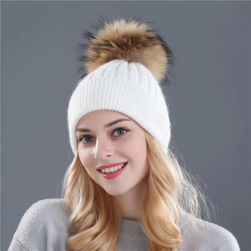 Xthree Winter Knitted Hat Cashmere Beanies  With Real Raccoon Fur Pom Poms Skullies Hat for Women Girls Hat Feminino