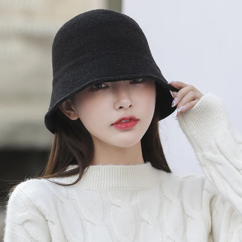 X093 New Fisherman's Hat for Women  Winter Warm Knitted Hat Covers Her Face Japanese Bucket Basin Hat Literary Brim Caps